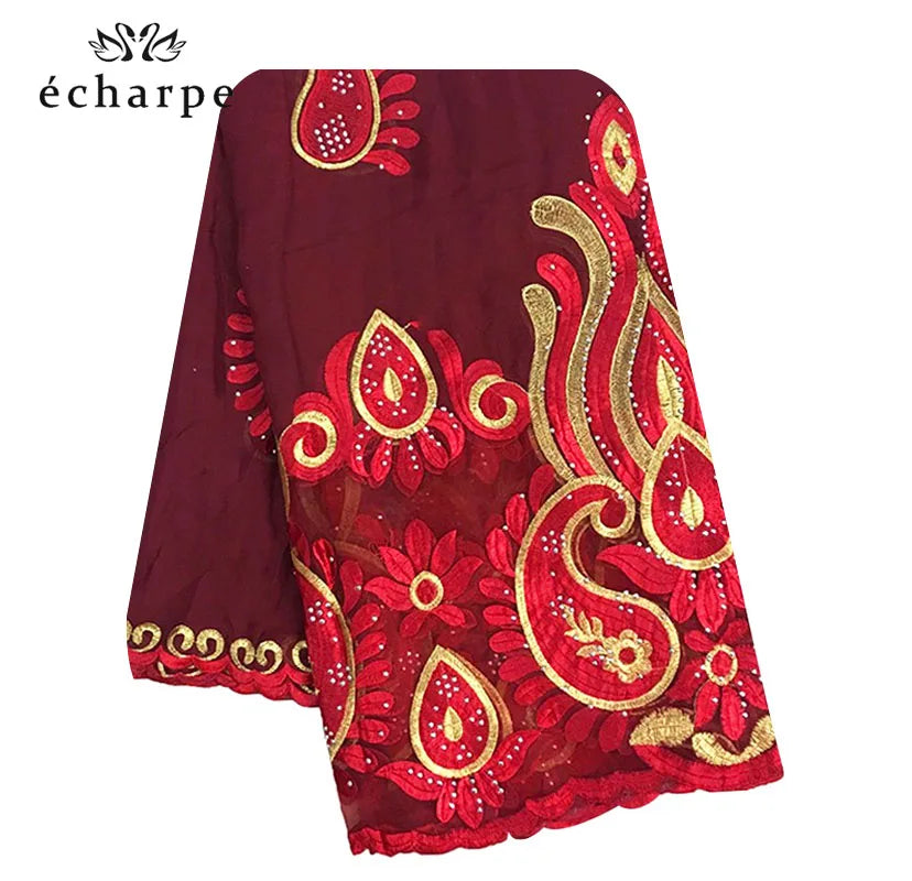 2021 Latest African Women Scarf 100% Cotton Muslim Scarf Embroidery Splicing with Net Big Size Scarf for Shawls EC229