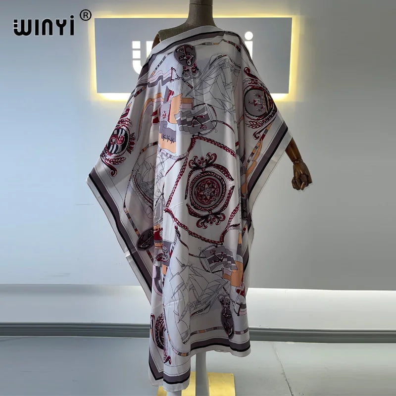 Africa Fashion Blogger Recommend Popular printed Silk Kaftan Maxi dresses Loose Summer Beach Bohemian kaftan long dress for lady