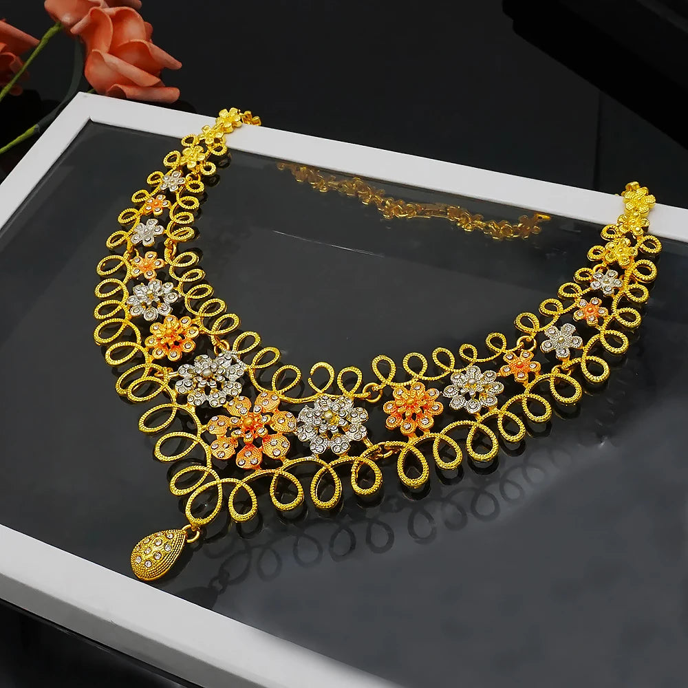 Nigeria Dubai Gold Color Fine Flowers Jewelry Sets African Wedding Gifts Party For Women Bracelet Necklace Earrings Ring Set