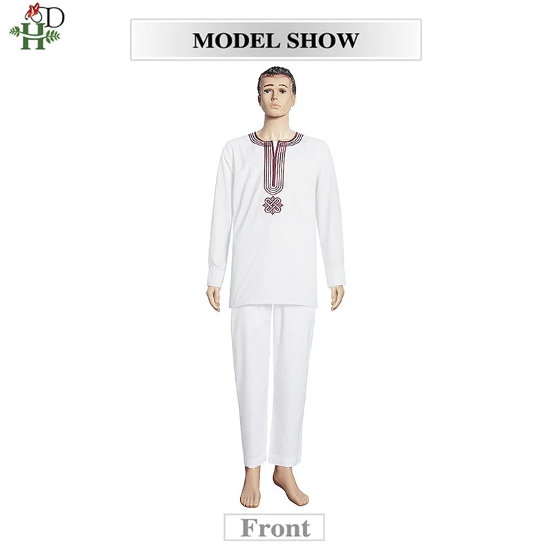 H&D Embroidered Dashiki Agbada Men African Traditional Clothes Ankara Outfit Cover Shirt Pants 3 PCS Suit Muslim Sets
