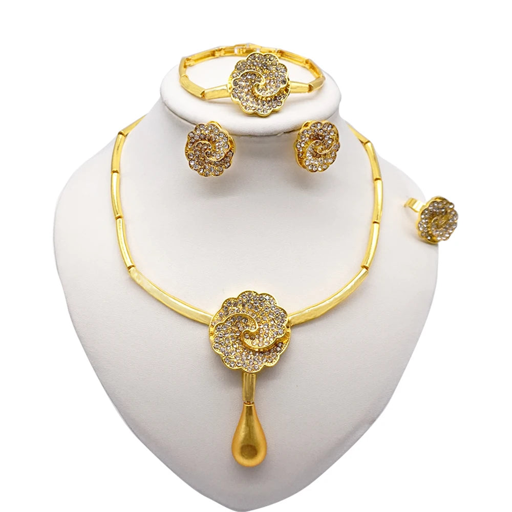 Necklace Sets For Women Dubai African Gold Color Jewelry Set Bride Earrings Rings Indian Nigerian Wedding Jewelery Set Gift