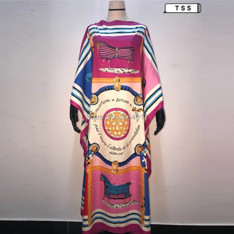 Africa Fashion Blogger Recommend Popular printed Silk Kaftan Maxi dresses Loose Summer Beach Bohemian kaftan long dress for lady
