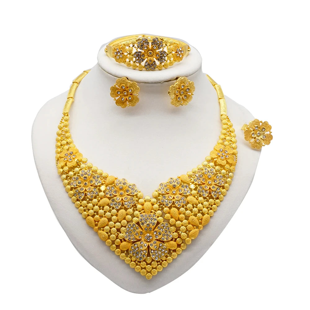 Necklace Sets For Women Dubai African Gold Color Jewelry Set Bride Earrings Rings Indian Nigerian Wedding Jewelery Set Gift