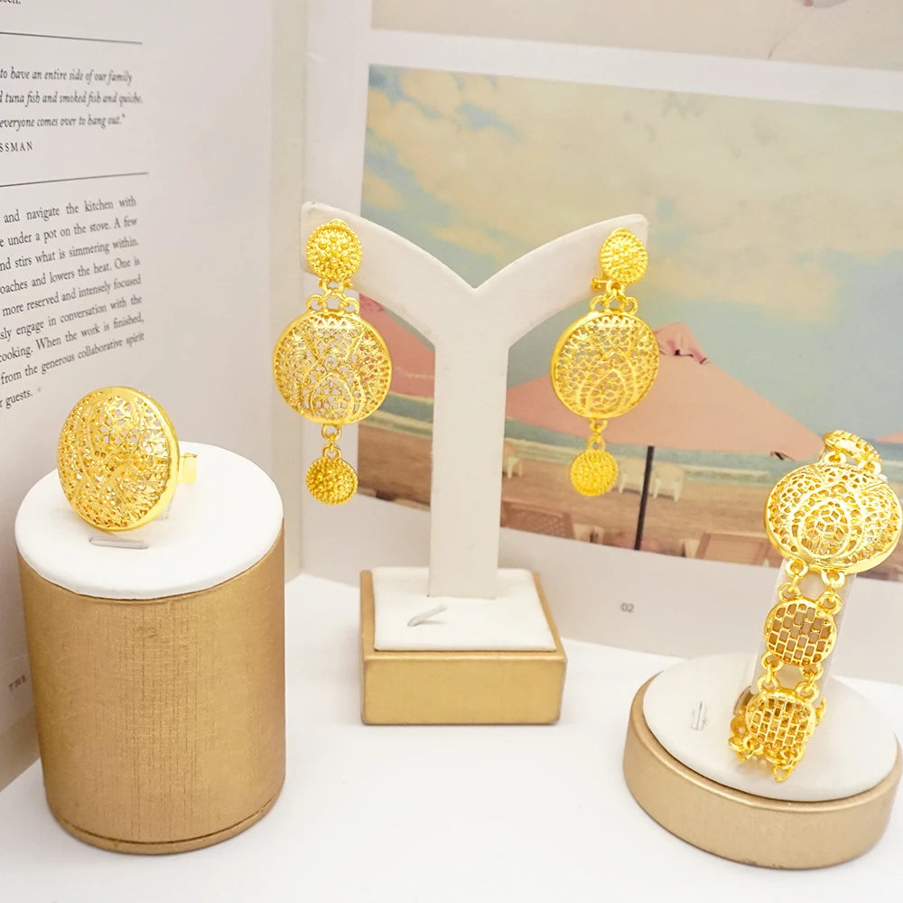 Necklace Sets For Women Dubai African Gold Color Jewelry Set Bride Earrings Rings Indian Nigerian Wedding Jewelery Set Gift
