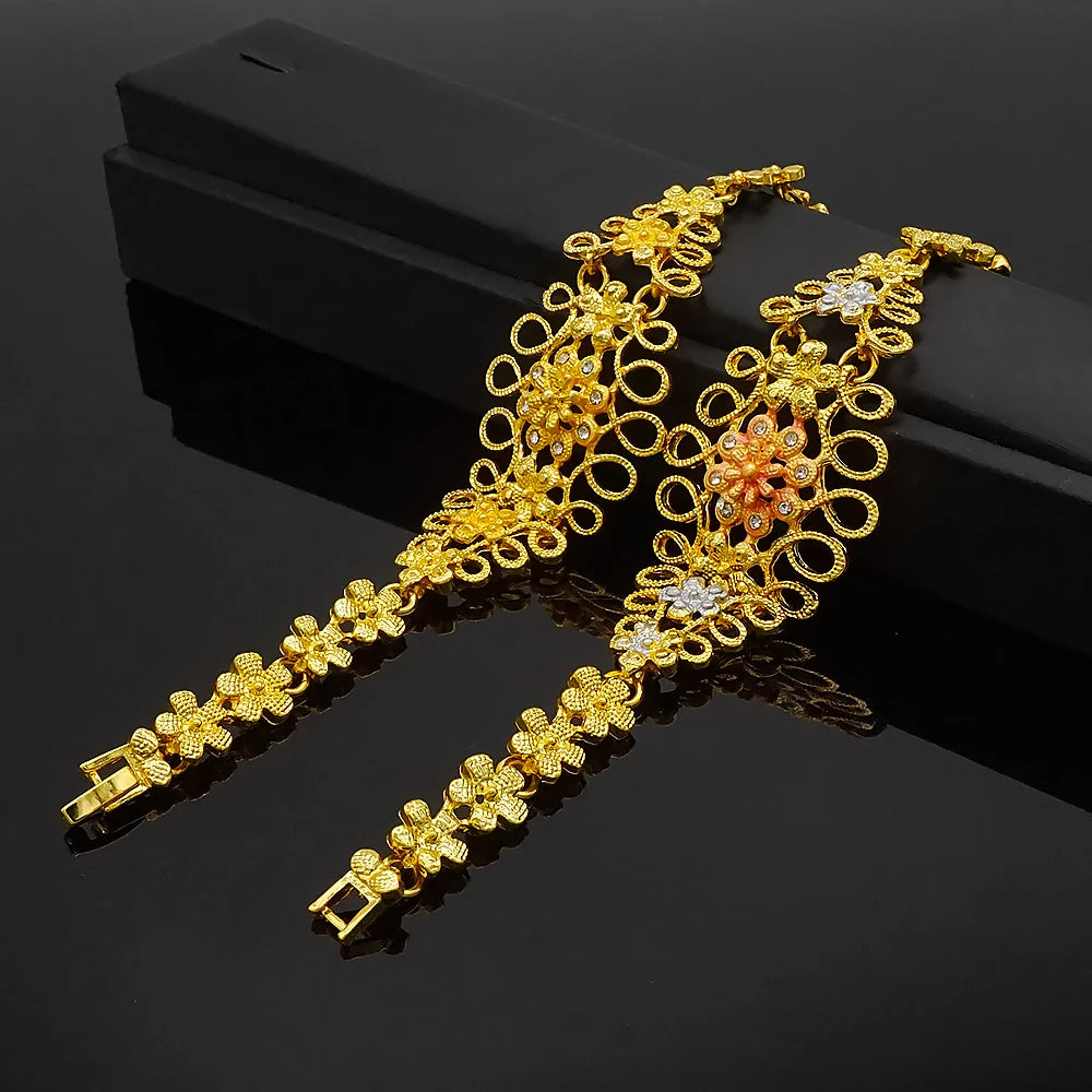 Nigeria Dubai Gold Color Fine Flowers Jewelry Sets African Wedding Gifts Party For Women Bracelet Necklace Earrings Ring Set