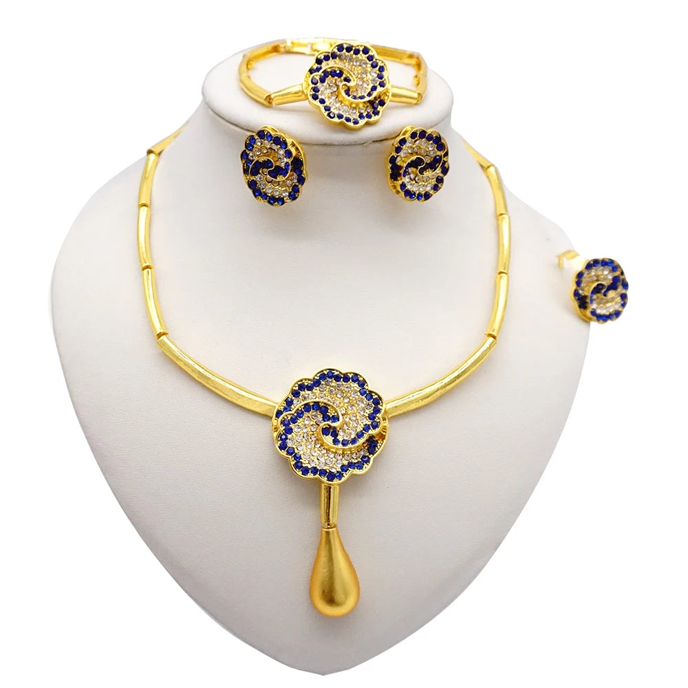 Necklace Sets For Women Dubai African Gold Color Jewelry Set Bride Earrings Rings Indian Nigerian Wedding Jewelery Set Gift