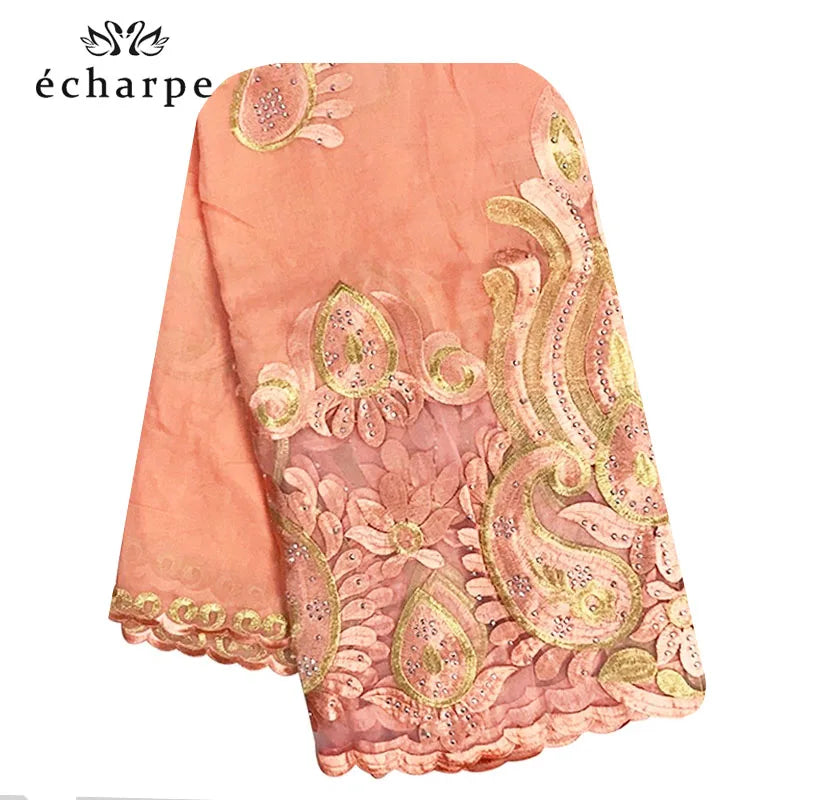 2021 Latest African Women Scarf 100% Cotton Muslim Scarf Embroidery Splicing with Net Big Size Scarf for Shawls EC229