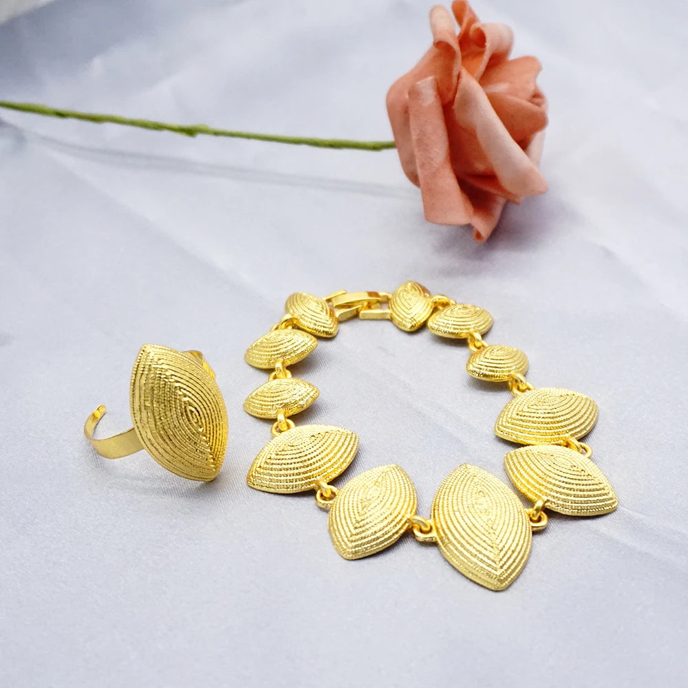 Necklace Sets For Women Dubai African Gold Color Jewelry Set Bride Earrings Rings Indian Nigerian Wedding Jewelery Set Gift