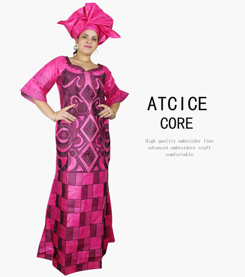 African Dresses For Woman Bazin Riche Computer Emboridery Plus Size Long Dress With Scarf