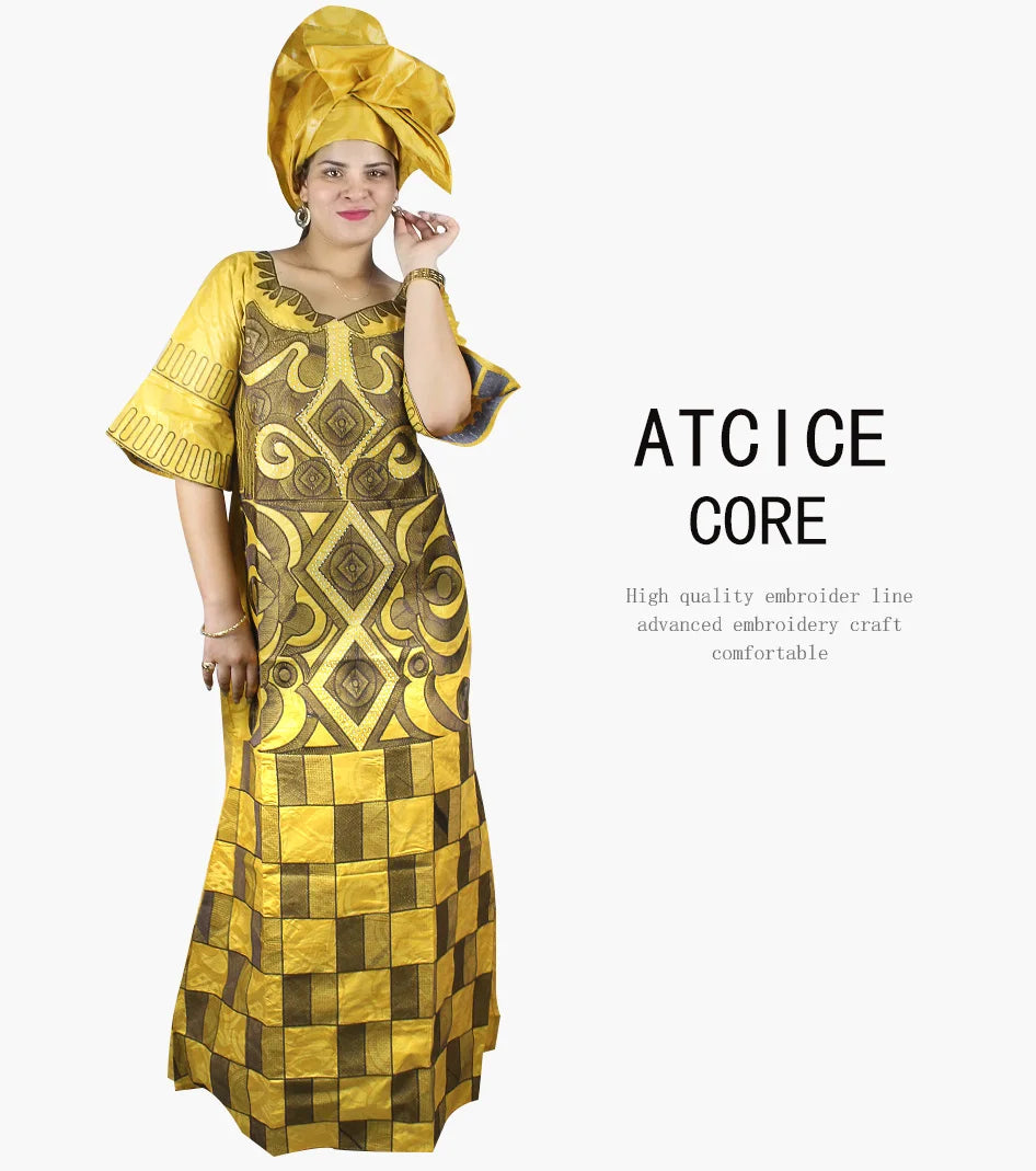 African Dresses For Woman Bazin Riche Computer Emboridery Plus Size Long Dress With Scarf