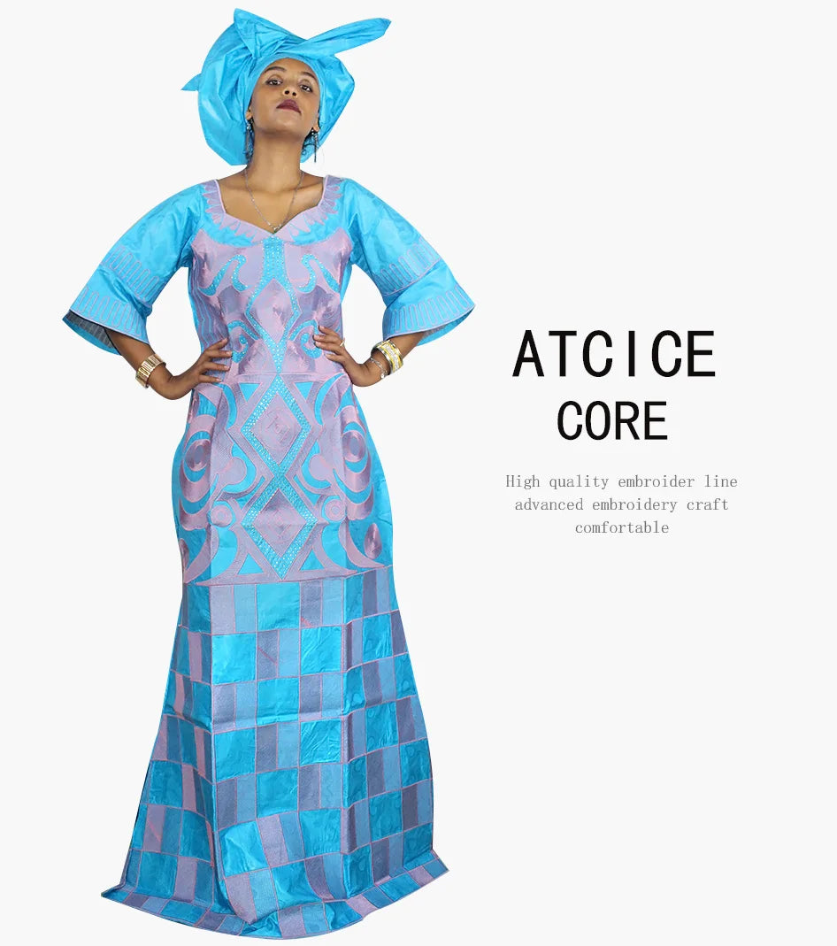 African Dresses For Woman Bazin Riche Computer Emboridery Plus Size Long Dress With Scarf