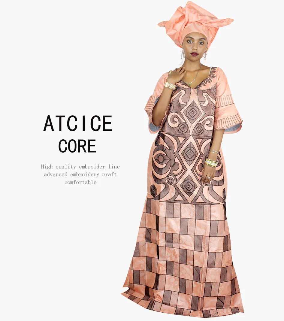 African Dresses For Woman Bazin Riche Computer Emboridery Plus Size Long Dress With Scarf