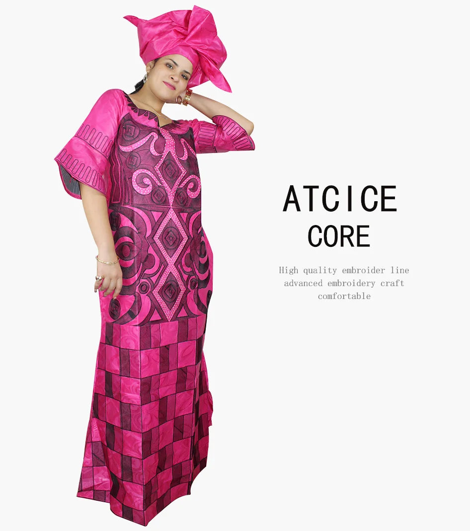 African Dresses For Woman Bazin Riche Computer Emboridery Plus Size Long Dress With Scarf