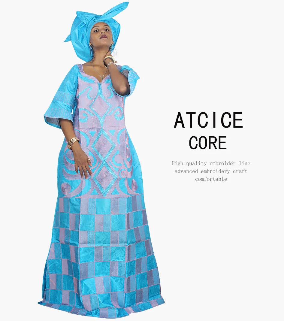 African Dresses For Woman Bazin Riche Computer Emboridery Plus Size Long Dress With Scarf