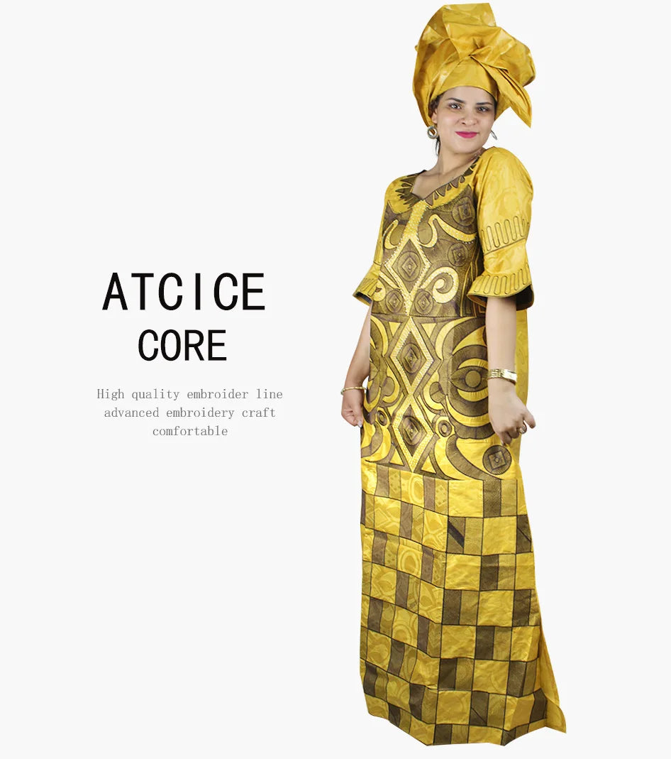 African Dresses For Woman Bazin Riche Computer Emboridery Plus Size Long Dress With Scarf
