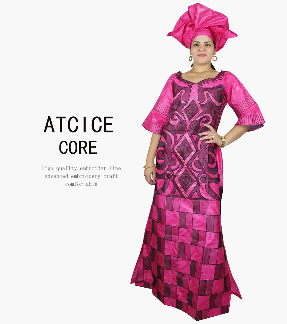 African Dresses For Woman Bazin Riche Computer Emboridery Plus Size Long Dress With Scarf