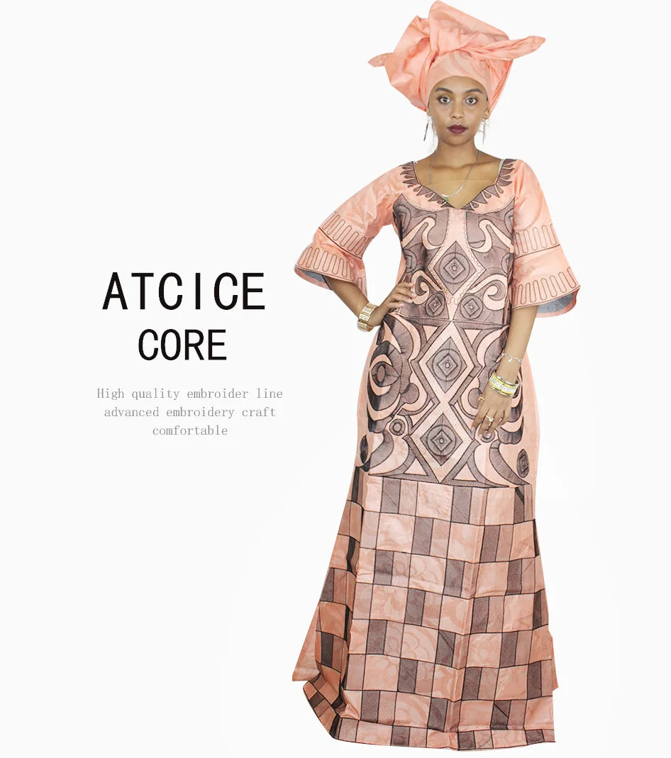 African Dresses For Woman Bazin Riche Computer Emboridery Plus Size Long Dress With Scarf