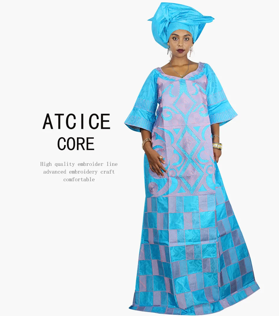 African Dresses For Woman Bazin Riche Computer Emboridery Plus Size Long Dress With Scarf
