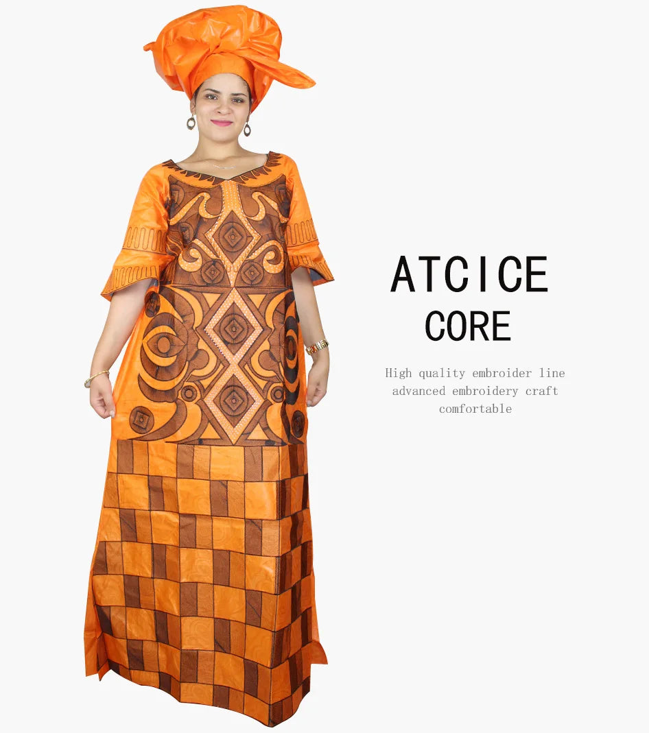 African Dresses For Woman Bazin Riche Computer Emboridery Plus Size Long Dress With Scarf