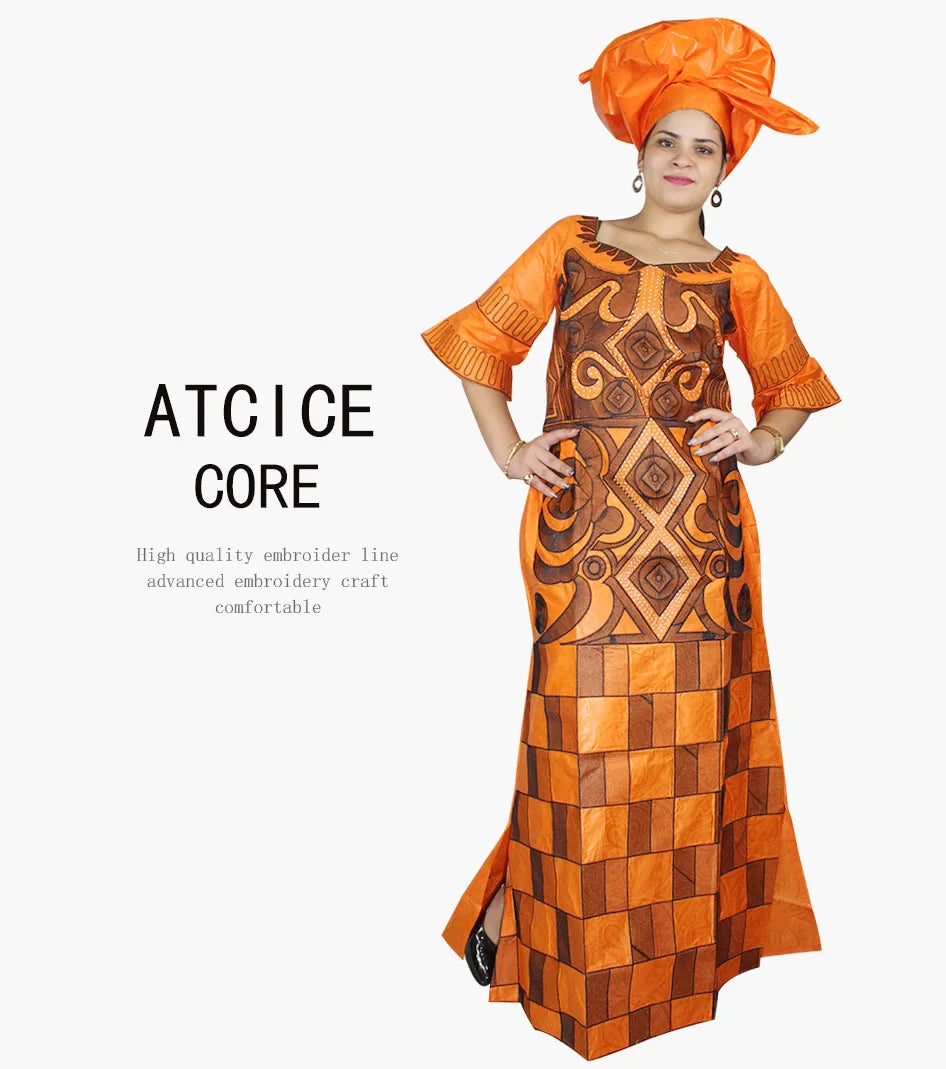 African Dresses For Woman Bazin Riche Computer Emboridery Plus Size Long Dress With Scarf