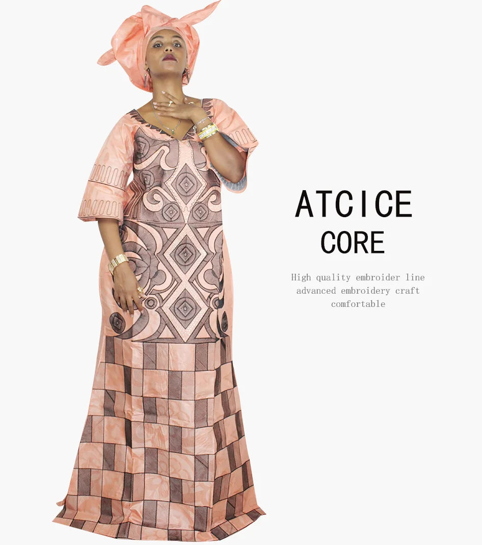 African Dresses For Woman Bazin Riche Computer Emboridery Plus Size Long Dress With Scarf