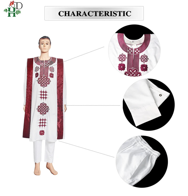 H&D Embroidered Dashiki Agbada Men African Traditional Clothes Ankara Outfit Cover Shirt Pants 3 PCS Suit Muslim Sets
