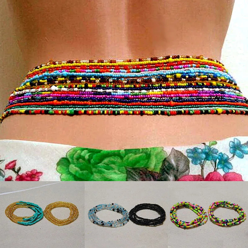 2 Pcs Sexy Summer Waist Bead Chains African Belly Beads Colorful Beach Bikini Body Belly Chain Elastic Jewelry for Women Girls