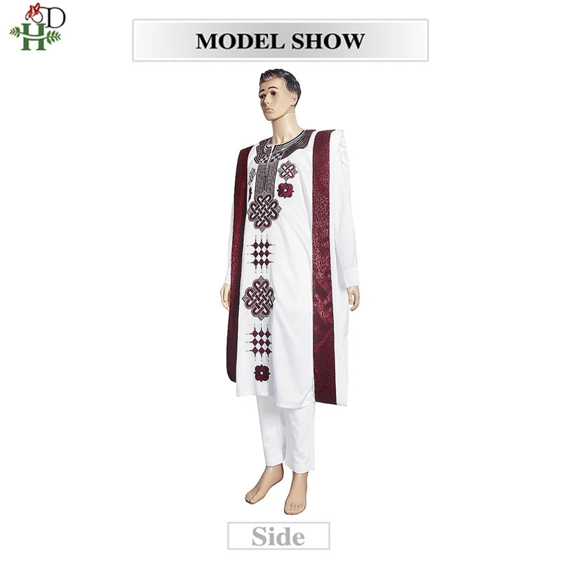H&D Embroidered Dashiki Agbada Men African Traditional Clothes Ankara Outfit Cover Shirt Pants 3 PCS Suit Muslim Sets