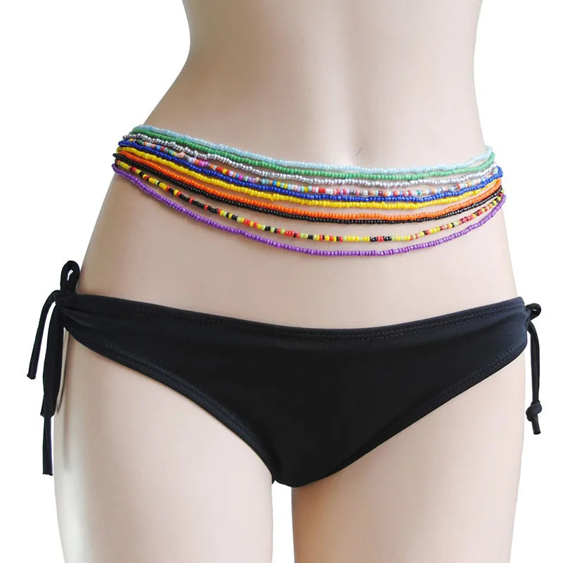 2 Pcs Sexy Summer Waist Bead Chains African Belly Beads Colorful Beach Bikini Body Belly Chain Elastic Jewelry for Women Girls