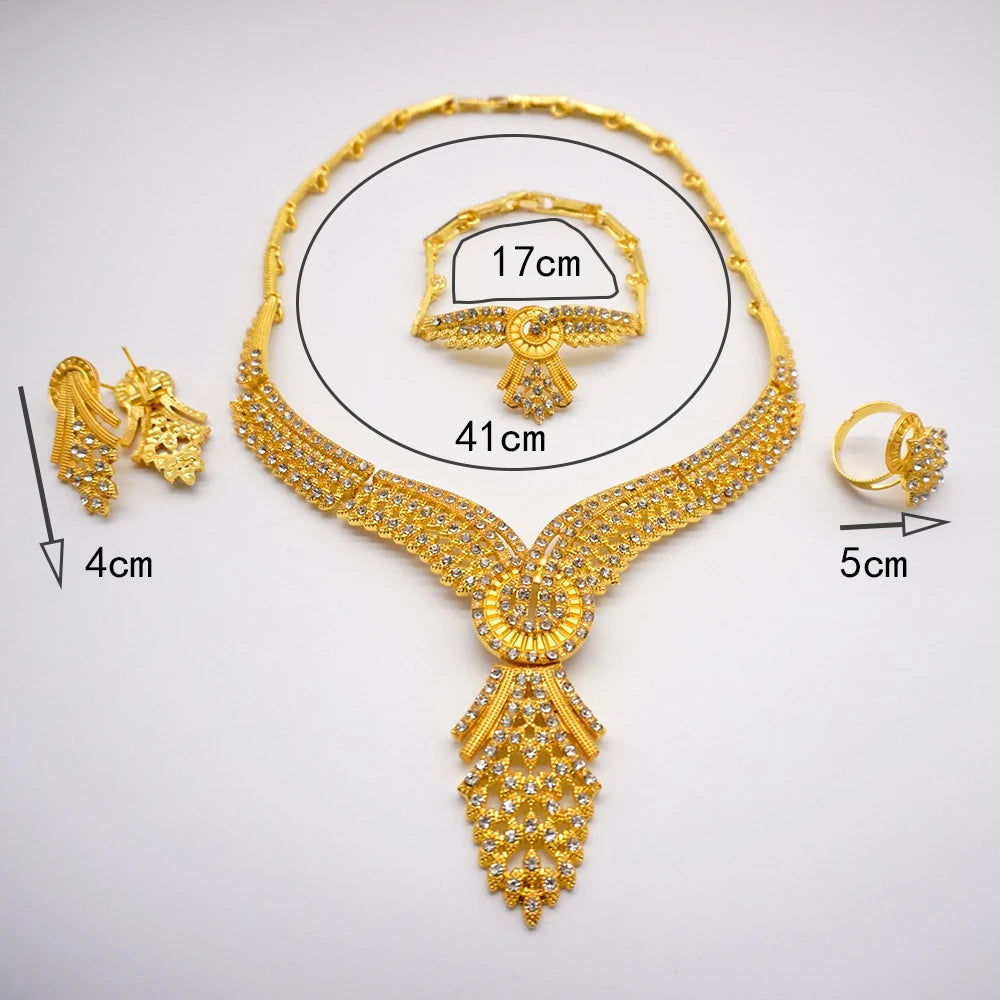 Necklace Sets For Women Dubai African Gold Color Jewelry Set Bride Earrings Rings Indian Nigerian Wedding Jewelery Set Gift