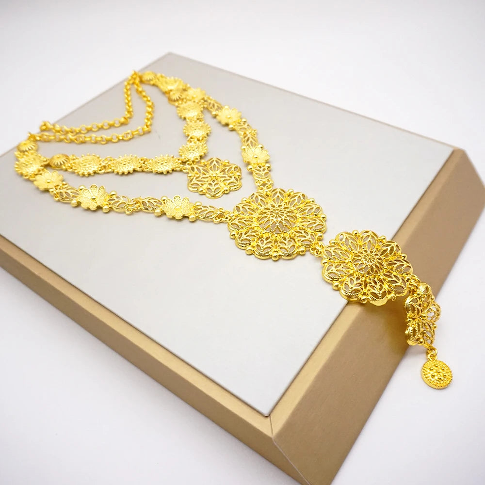 Necklace Sets For Women Dubai African Gold Color Jewelry Set Bride Earrings Rings Indian Nigerian Wedding Jewelery Set Gift