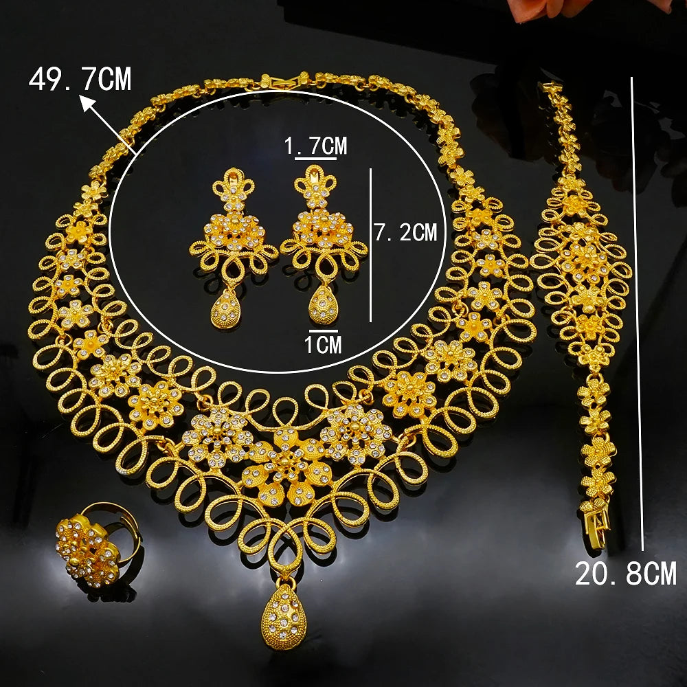 Nigeria Dubai Gold Color Fine Flowers Jewelry Sets African Wedding Gifts Party For Women Bracelet Necklace Earrings Ring Set