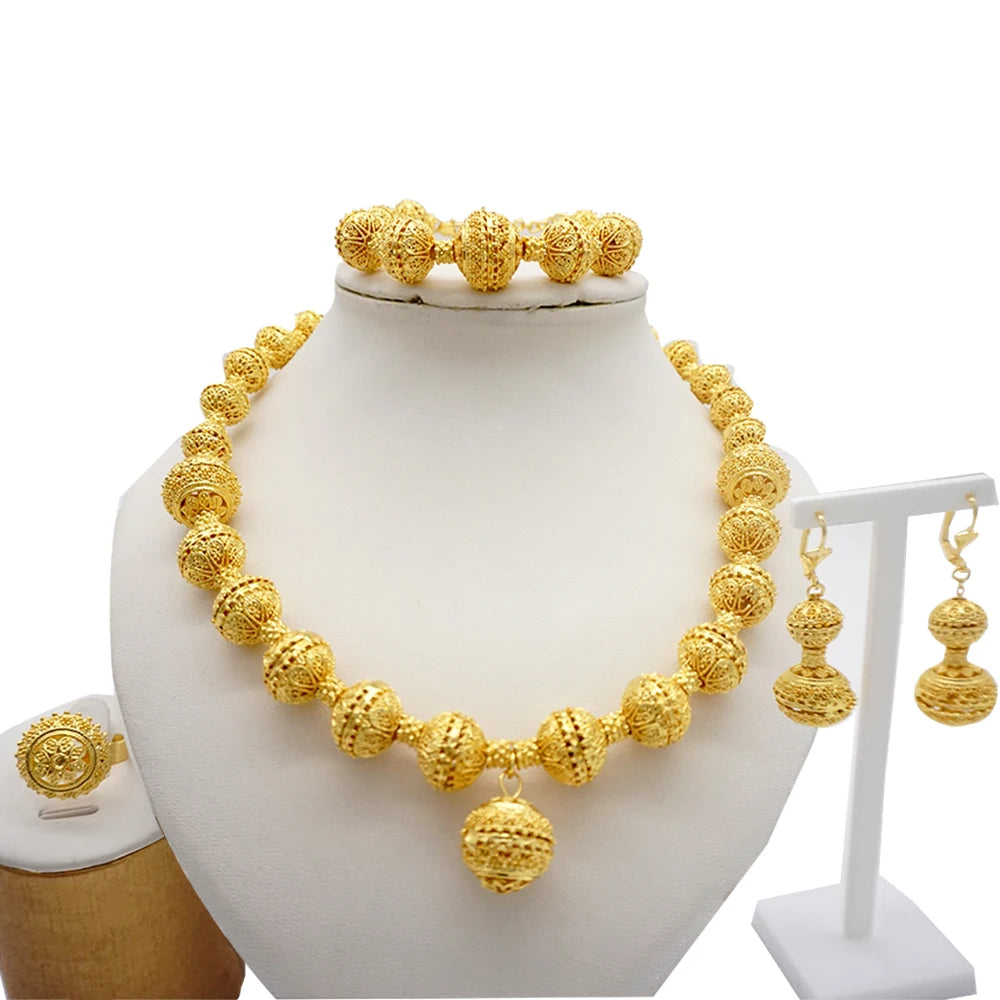 Necklace Sets For Women Dubai African Gold Color Jewelry Set Bride Earrings Rings Indian Nigerian Wedding Jewelery Set Gift