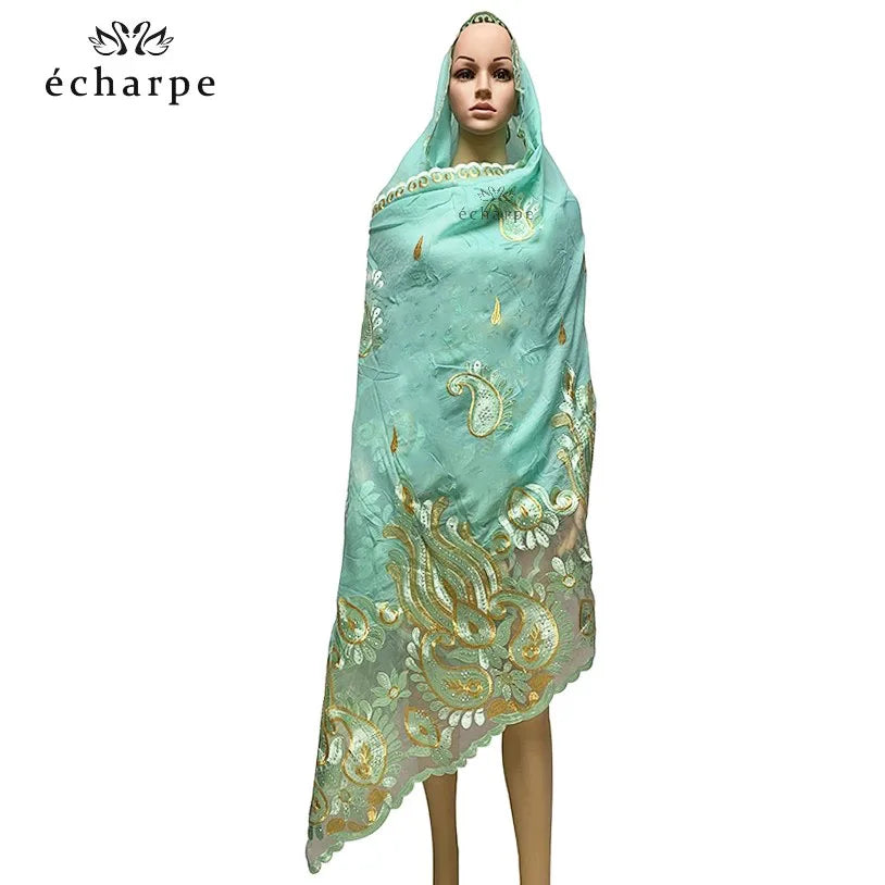 2021 Latest African Women Scarf 100% Cotton Muslim Scarf Embroidery Splicing with Net Big Size Scarf for Shawls EC229
