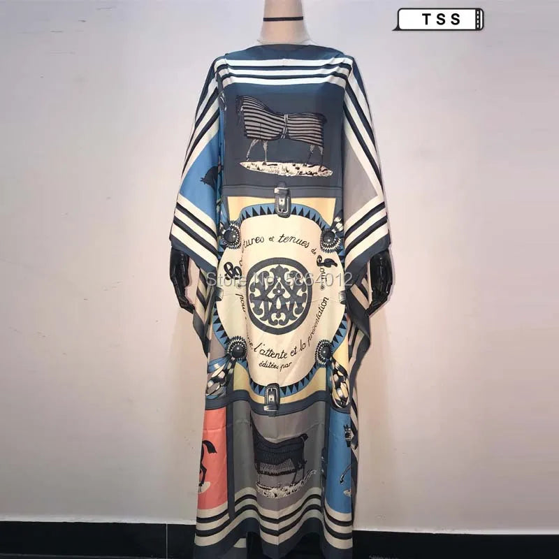 Africa Fashion Blogger Recommend Popular printed Silk Kaftan Maxi dresses Loose Summer Beach Bohemian kaftan long dress for lady