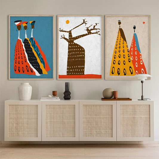 African Art Painting Modern Boho Home Decor Afro Figures Print African Ethnic Posters Colors of Africa Baobab Tree Wall Pictures