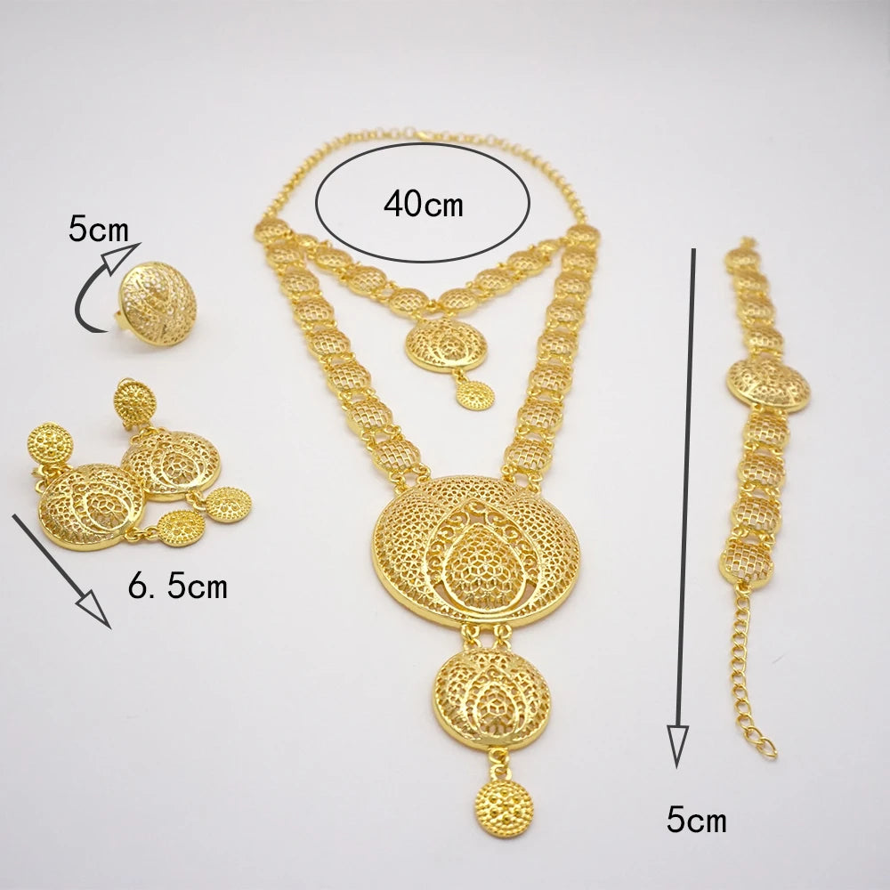 Necklace Sets For Women Dubai African Gold Color Jewelry Set Bride Earrings Rings Indian Nigerian Wedding Jewelery Set Gift