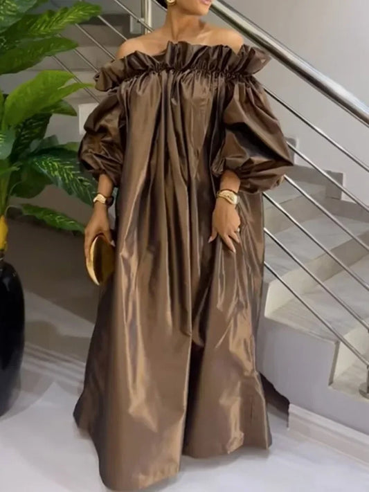 Women Fashion Falbala Elegant Evening Maxi Dresses  New Spring Puff Sleeves Pleated Off-The-Shoulder Party Prom Dress