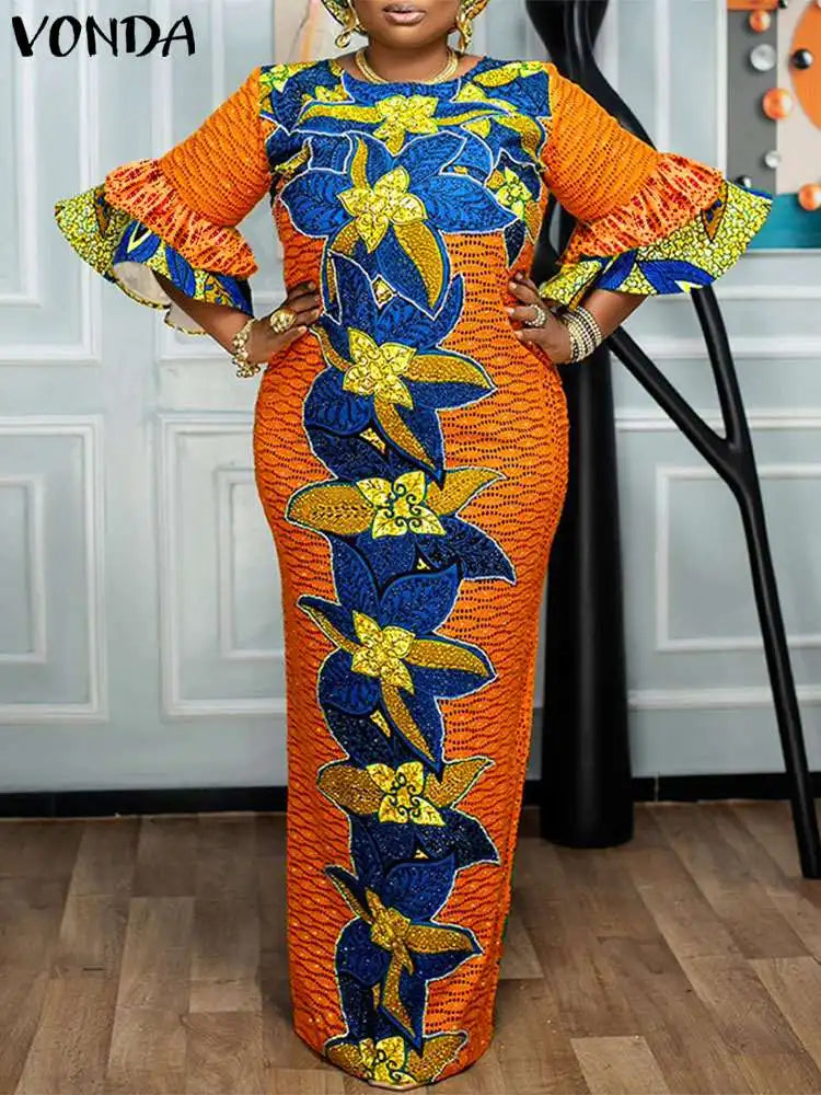 VONDA 2024 Fashion Women Elegant Maxi Dress Vintage Printed 3/4 Flare Sleeve Sundress Party Long Dress Casual Vestido Loose Robe