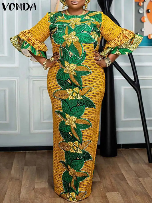 VONDA 2024 Fashion Women Elegant Maxi Dress Vintage Printed 3/4 Flare Sleeve Sundress Party Long Dress Casual Vestido Loose Robe