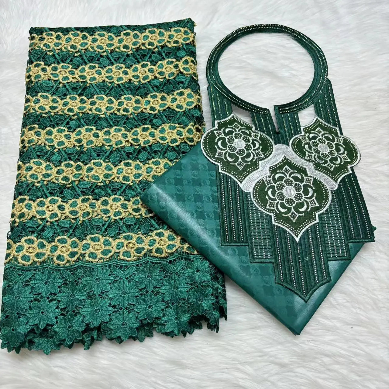 2024 High Quality 2.5yards Bazin Riche Brocade Fabric +2.5 Yards African Cotton Lace Fabric with Collar Set for Dress  M4-1212-1