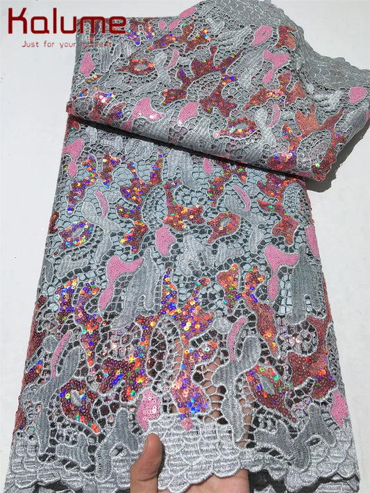 Kalume African Sequins Lace Fabric 2025 High Quality Material Nigerian Guipure Cord Lace Fabric for Party Dress Sewing F4058