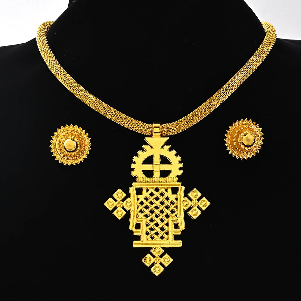 Saudi Arabia 24K Gold Color Ethiopia Women Jewelry Necklace Earring African Arab Bridal Set Habesha Eritrea Party Gift
