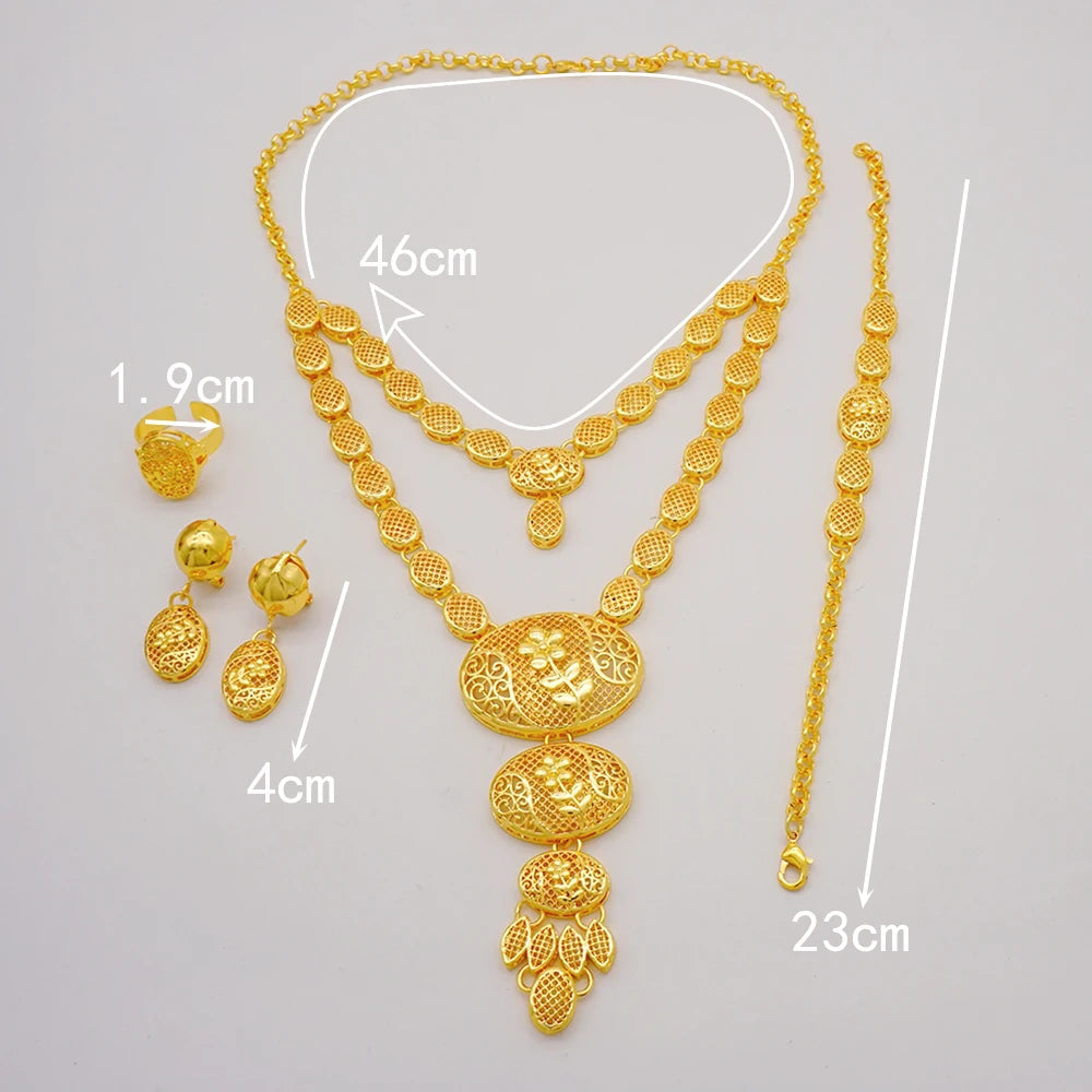 Dubai Gold Color Jewelry Set For Woman Bridal Nigerian African Long Chain Necklace Earrings Bracelet Ring Jewellery Set