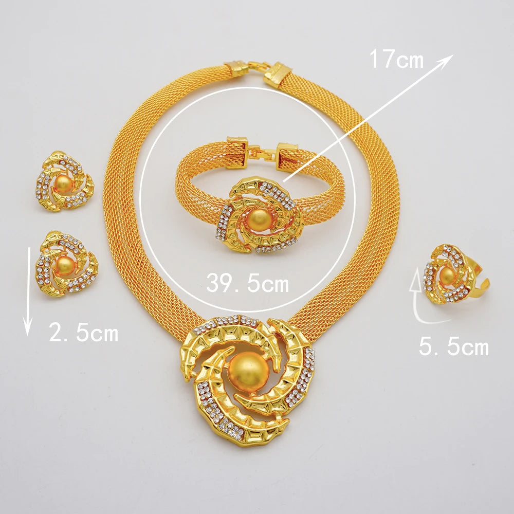 Nigeria Dubai Gold Color Fine Flowers Jewelry Sets African Wedding Gifts Party For Women Bracelet Necklace Earrings Ring Set