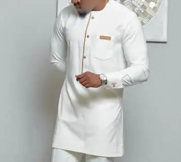 2023 New Arrival Summer Fashion Dashiki African Men Long Sleeve O-neck Polyester White Plus Size T-shirt M-4XL No Pant