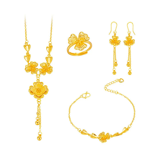 Luxury 24K 9999 Pure Gold real gold Gold Store Same Petal Tassel Lilac Set Chain Bracelet Women's Engagement Ring Bracelet