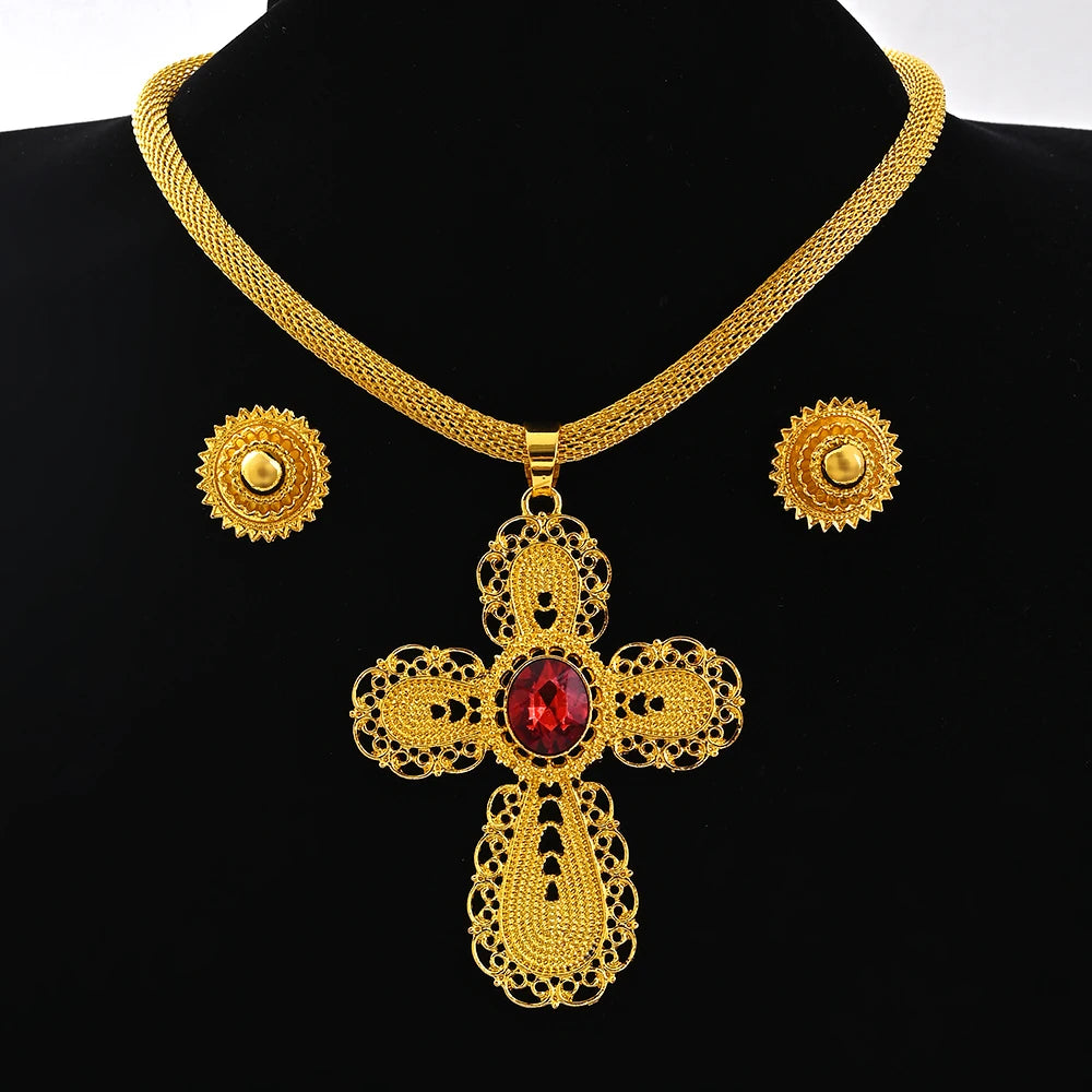 Saudi Arabia 24K Gold Color Ethiopia Women Jewelry Necklace Earring African Arab Bridal Set Habesha Eritrea Party Gift