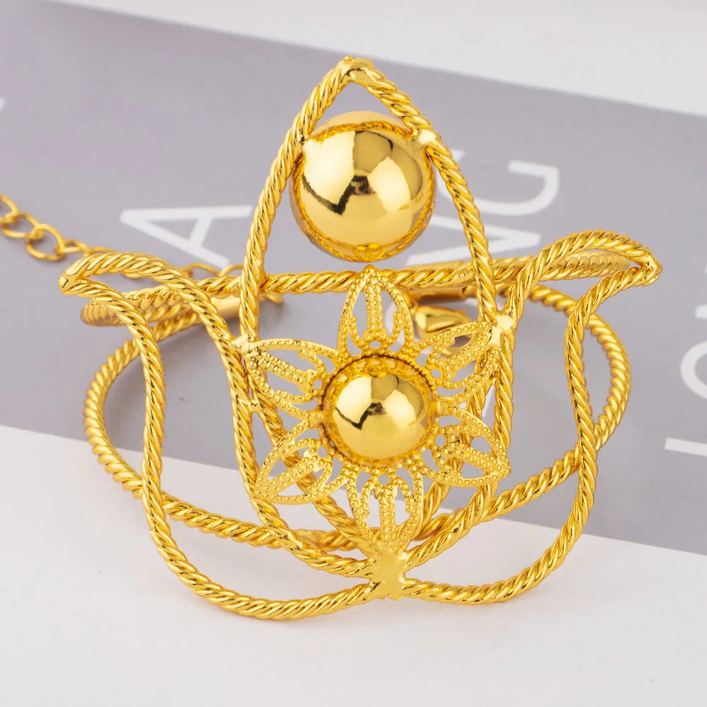 Exaggerated Gold Color Hollow Flower Shape Necklace Earrings Ring Bracelet Set for Women Gold Plated Jewelry Gift for Party