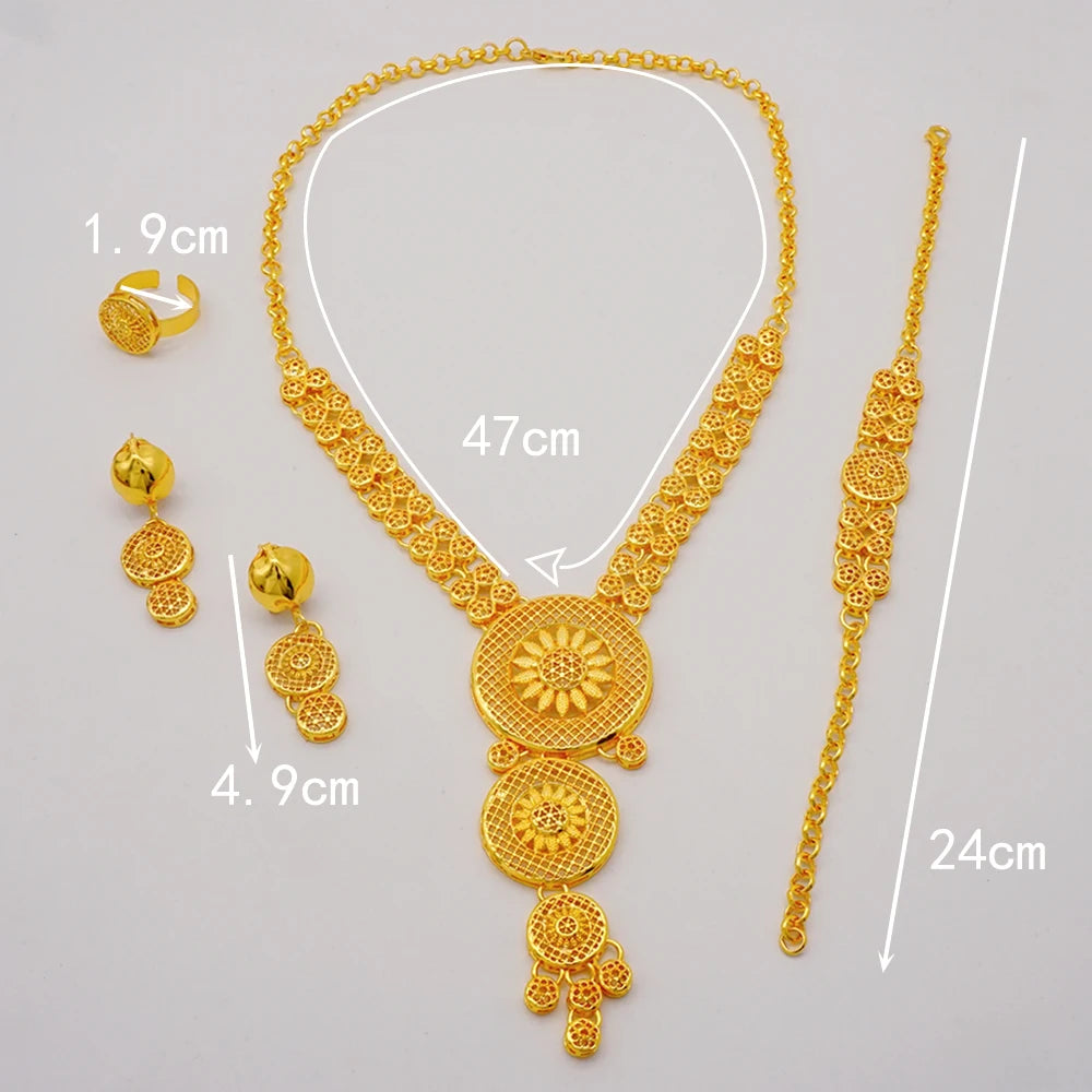 Dubai Gold Color Jewelry Set For Woman Bridal Nigerian African Long Chain Necklace Earrings Bracelet Ring Jewellery Set